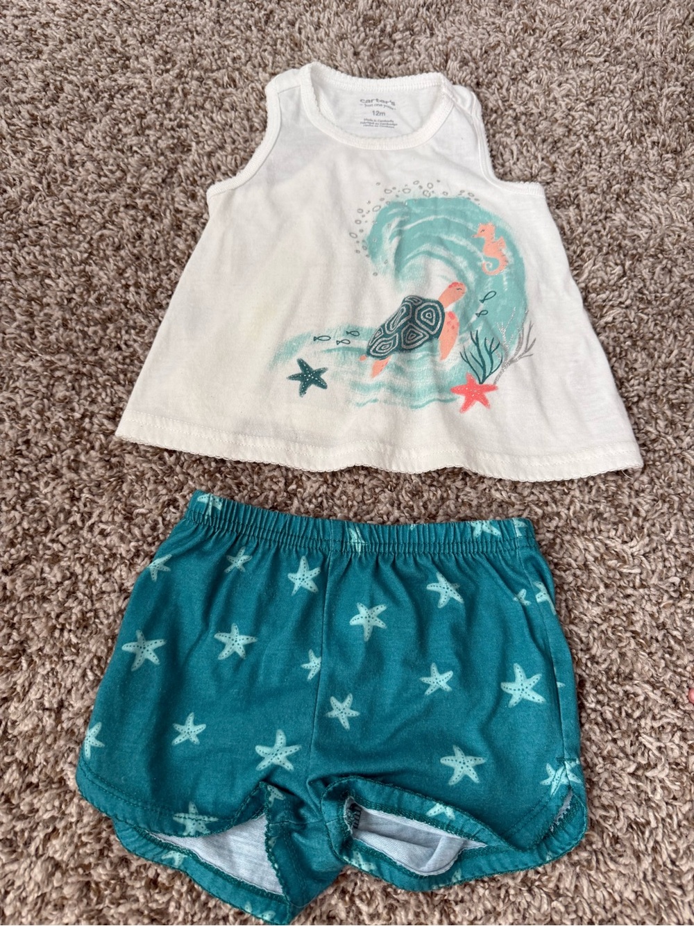 Carter's White Tank Top & Teal Starfish Shorts Pajama Set